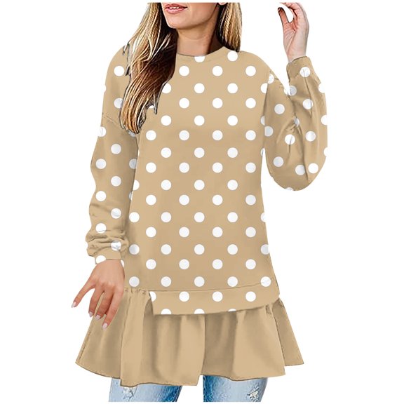 Olyvenn Tops for Womens Trendy Ruffle Hem T-Shirts Casual Crewneck Long Sleeves Tees Dressy Polka Dot Loose Comfy Blouse Khaki XL