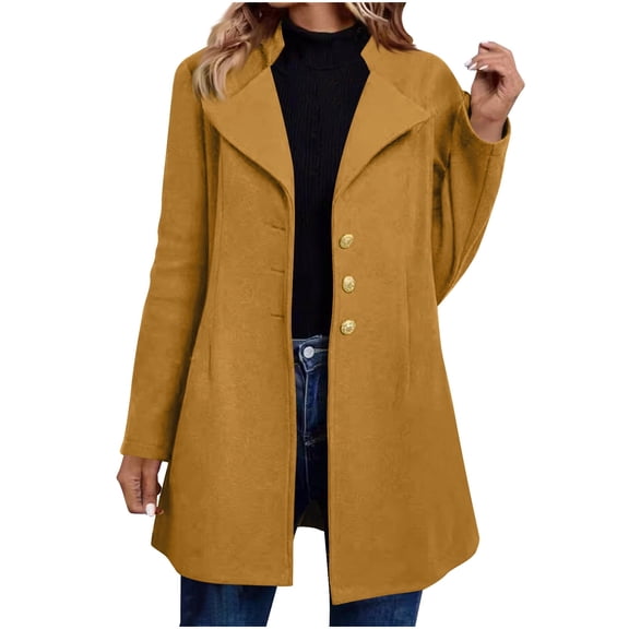 Olyvenn Trench Coat Women Fall Winter Notched Lapel Blazers Plus Size Soild Wool Blend Overcoats Single-Breasted Pea Coat Brown L