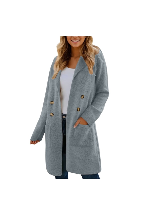 Trench Coat Women Mid Length Wool Coat Button Down Open Front Cardigan Elegant Coat Lapel Peacoat Fall Winter Jacket Gray S