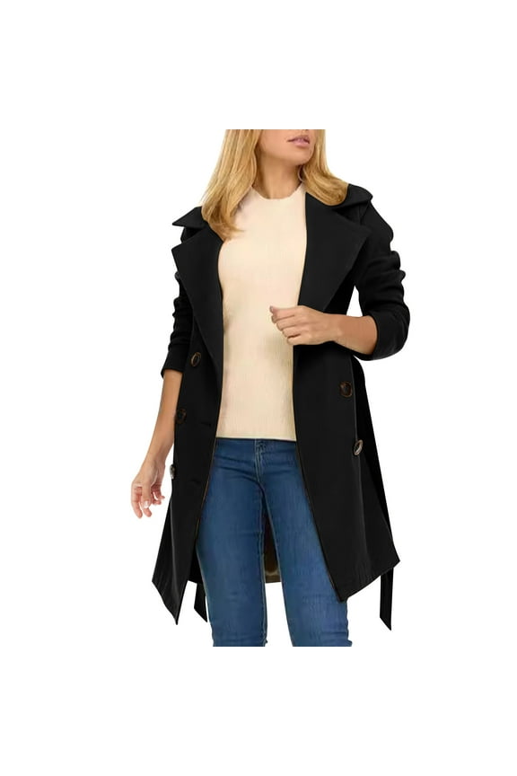 Trench Coat for Women Double-Breasted Long Winter Faux Wool Coat, Trendy Plus Size Warm Trench Coat Black L