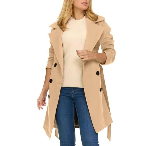 Olyvenn Trench Coat for Women Double-Breasted Long Winter Faux Wool Coat, Trendy Plus Size Warm Trench Coat Khaki M