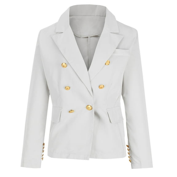 Olyvenn Trendy Blazers Coats Double Breasted for Women Long Sleeve Blazer Jackets Solid Slim Fit Business Work Office Lightweight Lapel Collar Womens Suit Button Open Front Casual White 14