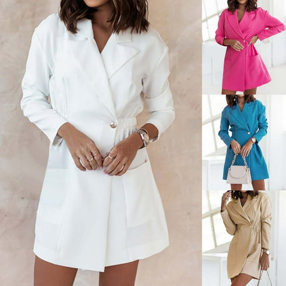 Olyvenn Trendy Blazers Dress Jacket Elegant Bandage Belted for Women Work Office Lightweight Lapel Collar Womens Suit Button Open Front Casual Long Sleeve Blazer Jackets Solid Slim Fit Blue 12