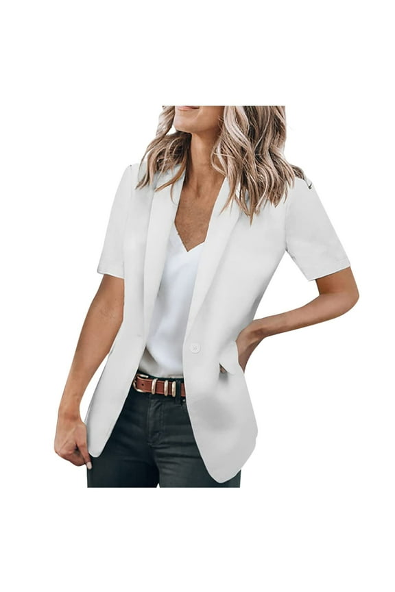 Trendy Blazers Elegant Suit Jacket for Women Business Work Office Lightweight Lapel Collar Womens Suit Button Open Front Casual Short Sleeve Blazer Jackets Slim Solid Slim Fit White 4