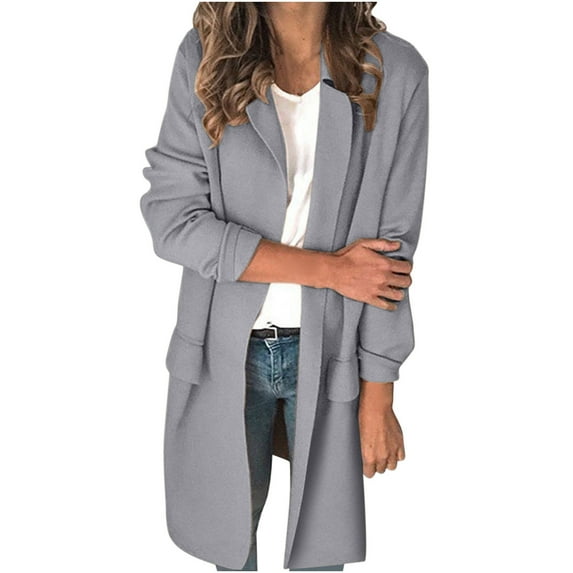 Olyvenn Trendy Midi Blazers Cardigan Coat for Women Button Open Front Casual Long Sleeve Blazer Jackets Loose Solid Slim Fit Business Work Office Lightweight Lapel Collar Womens Suit Gray 6