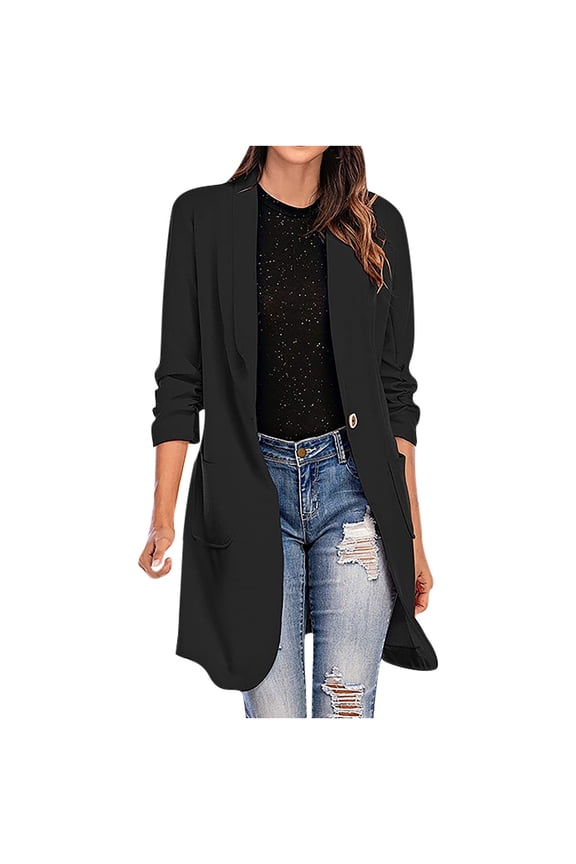 Trendy Midi Blazers Cardigan Coat for Women Lapel Collar Womens Suit Button Open Front Casual Blazer Set Long Sleeve Blazer Jackets Solid Slim Fit Business Lightweight Black 12