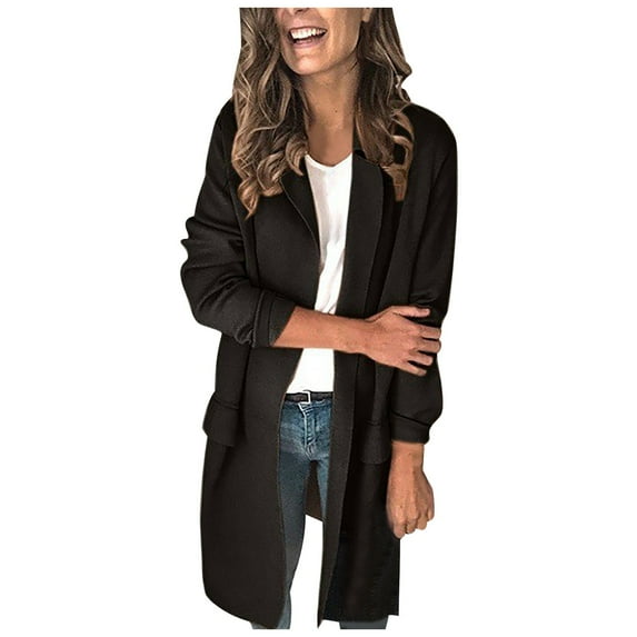 Olyvenn Trendy Midi Blazers Cardigan Coat for Women Long Sleeve Blazer Jackets Loose Solid Slim Fit Business Work Office Lightweight Lapel Collar Womens Suit Button Open Front Casual Black