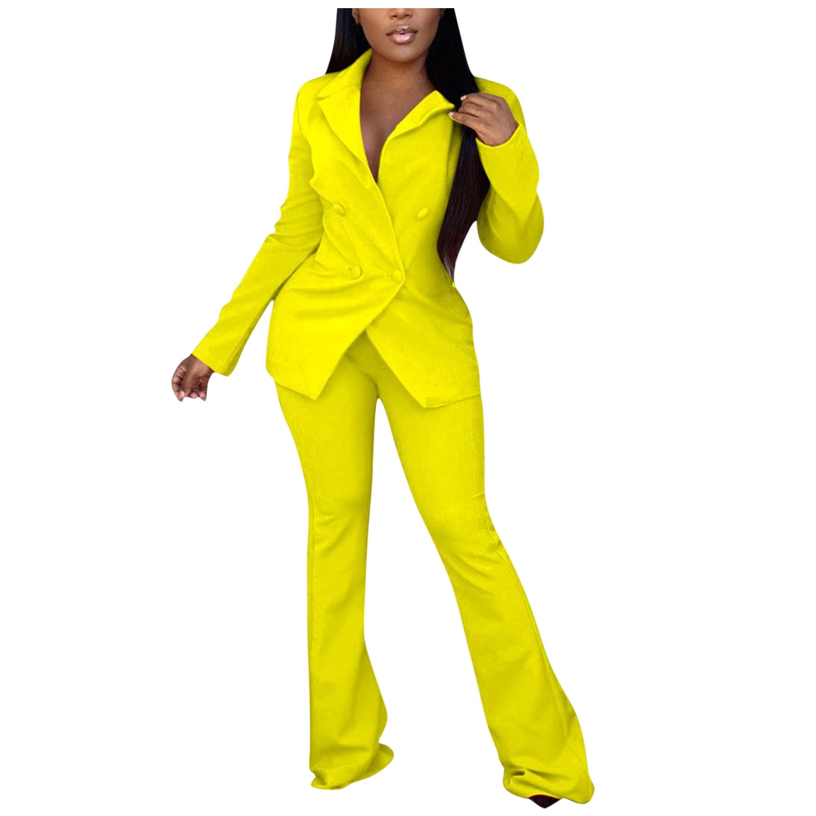 Olyvenn Trendy Suit Office Two-piece Jacket for Women Lightweight Lapel  Collar Womens Suit Button Open Front Casual Long Sleeve Blazer Jackets  Solid Slim Fit Business Work Office Yellow 12 