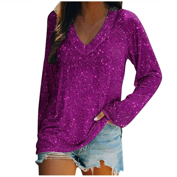 Olyvenn Trendy Tops for Women Sparkly Raglan Long Sleeve Shirts V Neck Loose Fit Tunic Pullovers Solid Plus Size Shiny Blouses Purple 4