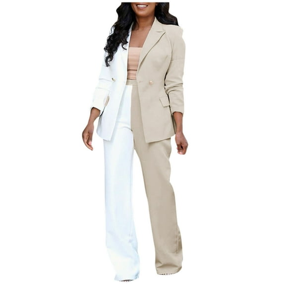 Olyvenn Trendy Two-piece Suit Blazers Jacket Pants for Women Work Office Lightweight Lapel Collar Womens Suit Button Open Front Casual Long Sleeve Blazer Jackets Color Block Slim Fit Beige 12