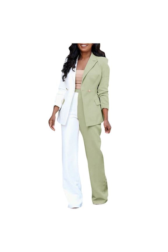 Trendy Two-piece Suit Blazers Jacket Pants for Women Work Office Lightweight Lapel Collar Womens Suit Button Open Front Casual Long Sleeve Blazer Jackets Color Block Slim Fit Green 12
