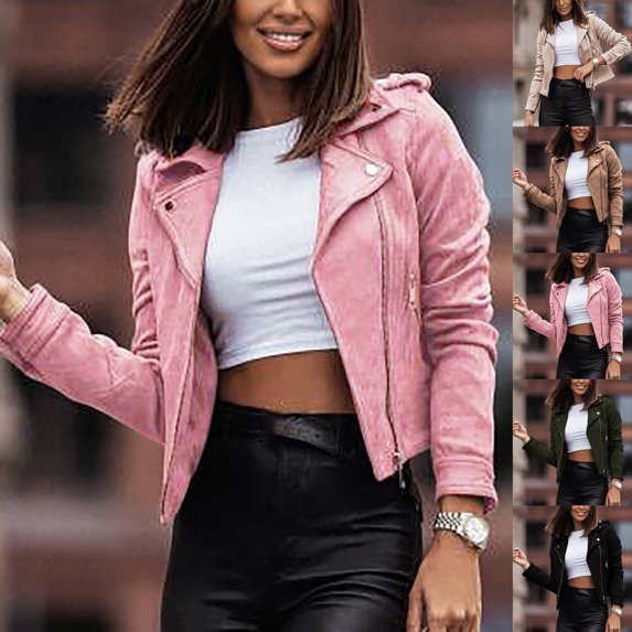 Olyvenn Trendy Womens Jackets Elegant Solid Color Slim Fit Business Fashion Lapel Collar Womens Suit Zip Up Cropped Biker Coat with Pockets Casual Set Long Sleeve Jackets Beige 4