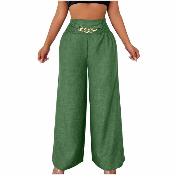 Olyvenn Trousers Pants for Women Fall Summer Linen Loose Fit High Cut Flare Wide Leg Trousers Pants Women 2025 Green L