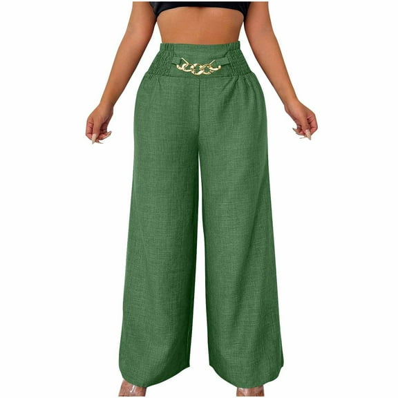Olyvenn Trousers Pants for Women Fall Summer Linen Loose Fit High Cut Flare Wide Leg Trousers Pants Women 2025 Green XL