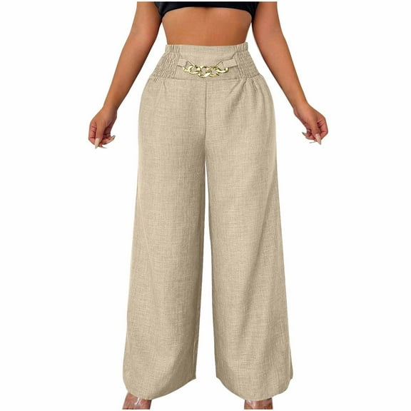 Olyvenn Trousers Pants for Women Fall Summer Linen Loose Fit High Cut Flare Wide Leg Trousers Pants Women 2025 Khaki L