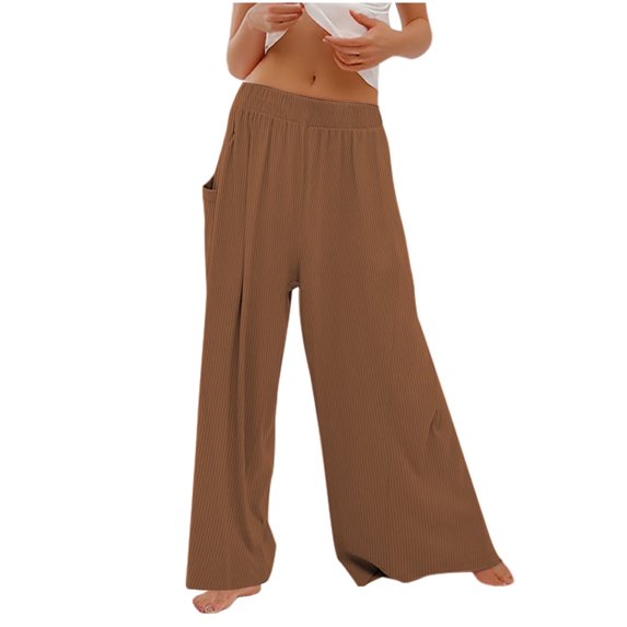 Olyvenn Trousers Pants for Women Loose Fit Elastic High Waist Wide Leg Pants Yoga Casual Outfits with Pockets 2025 Trendy Brown 4