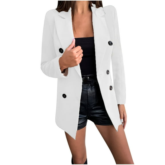 Olyvenn Turn Down Collar Slim Blazer Midi Cardigan Womens Top Ladies Fashion Winter Warm Jacket Long Sleeve Solid Color Button Lapel Female Outerwear White XXL