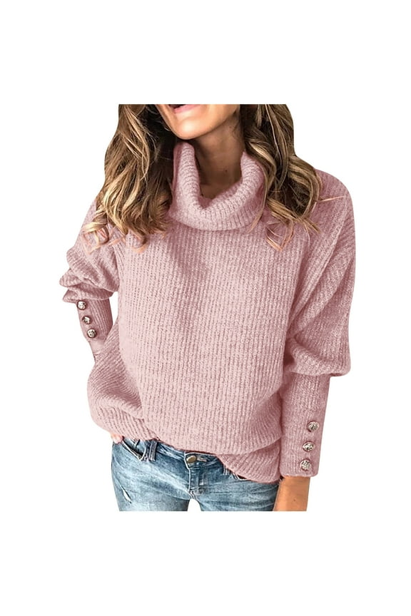Turtleneck Cowl Neck Knitted Jumper Sweaters Women's Plus Long Sleeve Elegant Casual Tops Female Leisure Pink M