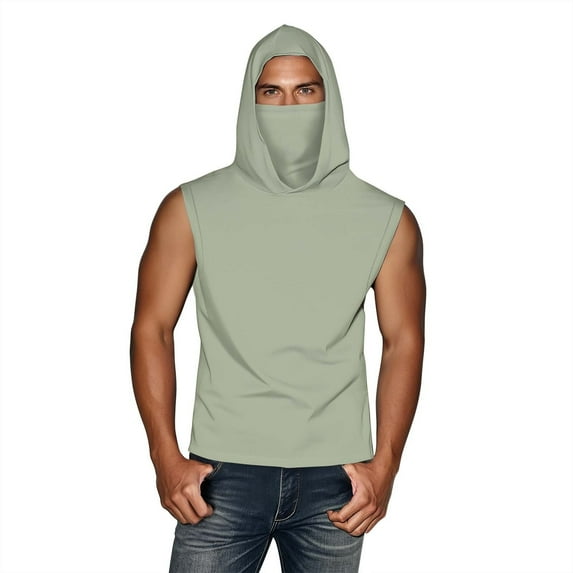 Olyvenn Unesex Summer Casual Solid Color Sleeveless Hooded Ice Silk Sunscreen Cool Sun Protection Lightweight Tops with Face Mask Green XXXL