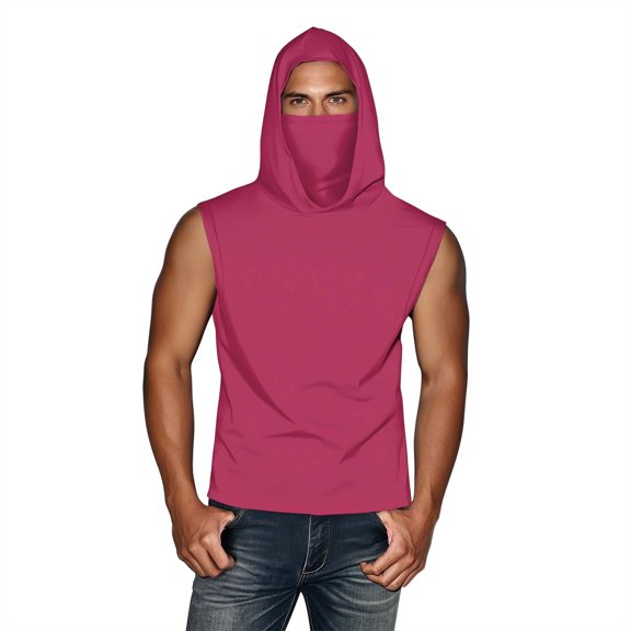 Olyvenn Unesex Summer Casual Solid Color Sleeveless Hooded Ice Silk Sunscreen Cool Sun Protection Lightweight Tops with Face Mask Hot Pink XL