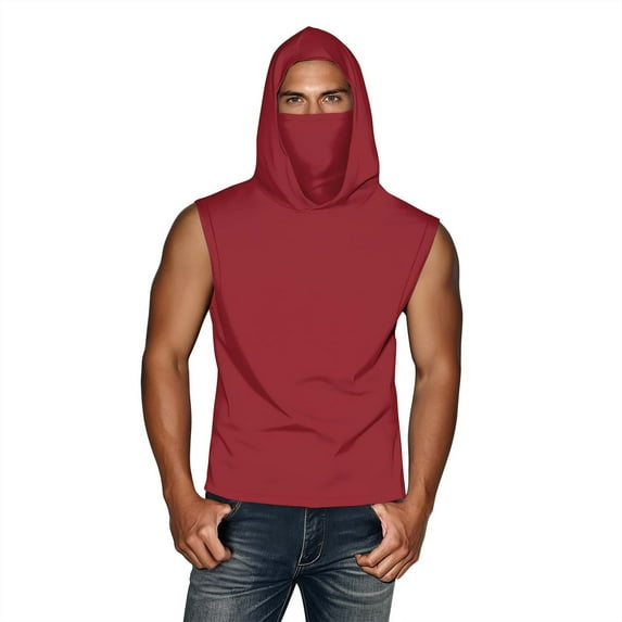 Olyvenn Unesex Summer Casual Solid Color Sleeveless Hooded Ice Silk Sunscreen Cool Sun Protection Lightweight Tops with Face Mask Red XXXXL