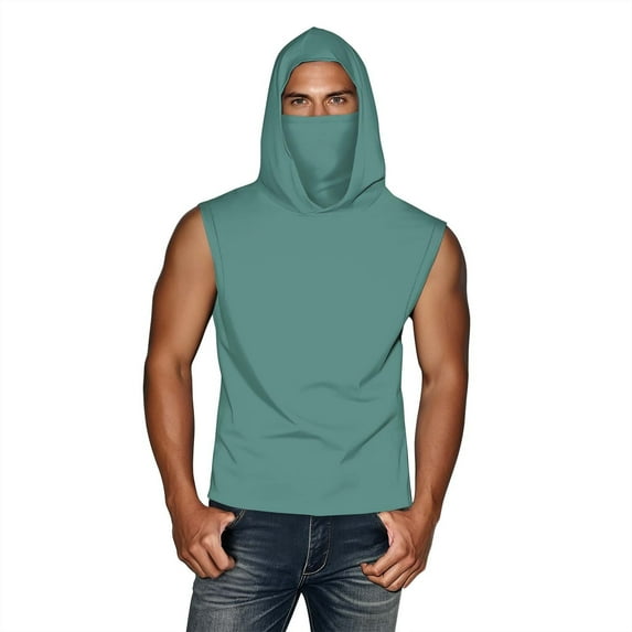 Olyvenn Unisex Casual Hooded Tops with Ear-Hook Face Mask Solid Color Sun Protection Short-Sleeve Ice Silk Shirts Army Green XXL