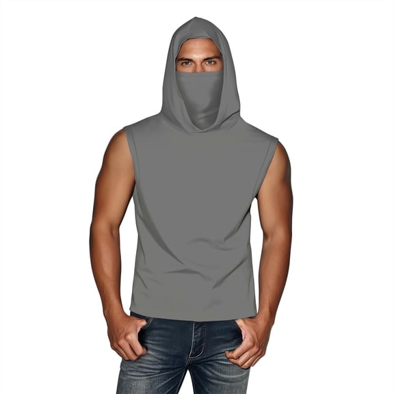 Olyvenn Unisex Casual Hooded Tops with Ear-Hook Face Mask Solid Color Sun Protection Short-Sleeve Ice Silk Shirts Gray XXXXL