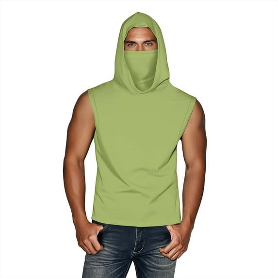 Olyvenn Unisex Casual Hooded Tops with Ear-Hook Face Mask Solid Color Sun Protection Short-Sleeve Ice Silk Shirts Green L