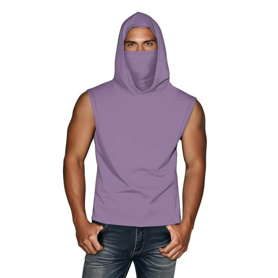 Olyvenn Unisex Casual Hooded Tops with Ear-Hook Face Mask Solid Color Sun Protection Short-Sleeve Ice Silk Shirts Purple XXXXXL