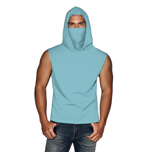 Olyvenn Unisex Casual Hooded Tops with Ear-Hook Face Mask Solid Color Sun Protection Short-Sleeve Ice Silk Shirts Sky Blue S