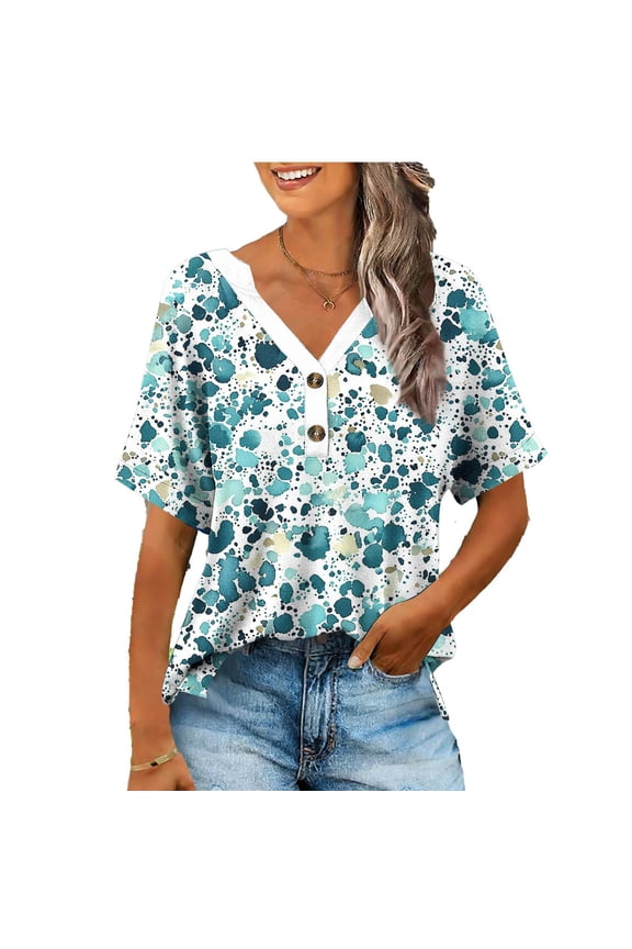V-Neck Button T-Shirt Loose Casual Short Sleeve Fashion Comfortable Top Lightweight Print Blouse for Women Casual Party Vacation All Season Wear Mint Green S
