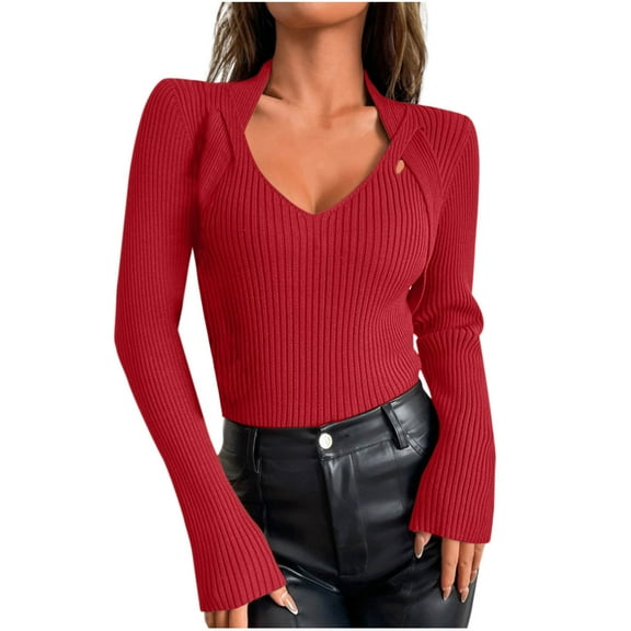 Olyvenn V Neck Sweaters for Women Lightweight Long Sleeve Tops Fall Fashion Knit Pullover Sweater Trendy Clothes 2025 Red S