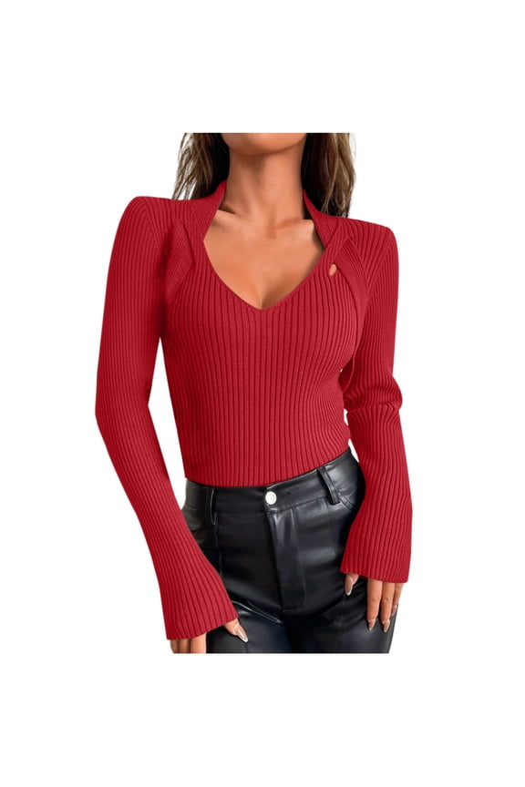 V Neck Sweaters for Women Lightweight Long Sleeve Tops Fall Fashion Knit Pullover Sweater Trendy Clothes 2025 Red S