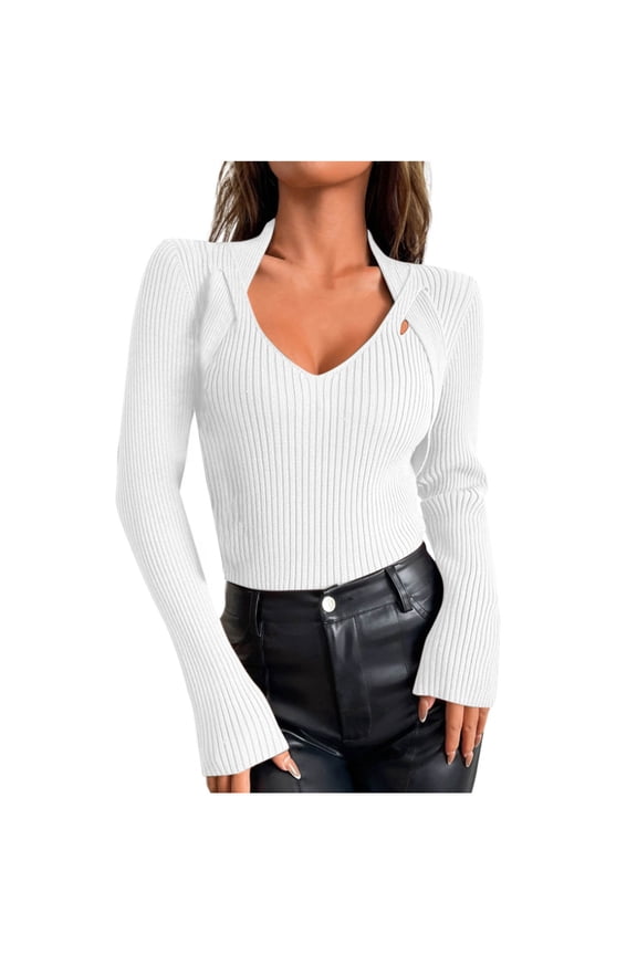 V Neck Sweaters for Women Lightweight Long Sleeve Tops Fall Fashion Knit Pullover Sweater Trendy Clothes 2025 White M
