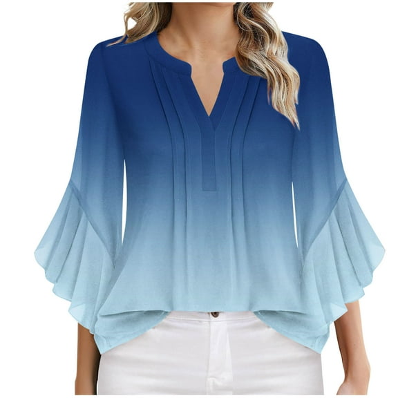 Olyvenn V Neck T Shirts for Women Fashion Gradient Color 3/4 Flare Sleeve Blouse Dressy 2025 Summer Casual Office Tunic Shirt Blue M