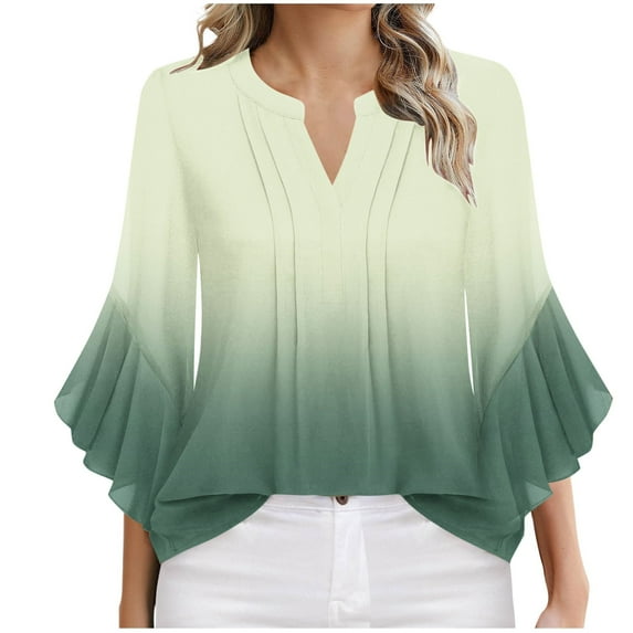 Olyvenn V Neck T Shirts for Women Fashion Gradient Color 3/4 Flare Sleeve Blouse Dressy 2025 Summer Casual Office Tunic Shirt Mint Green XL