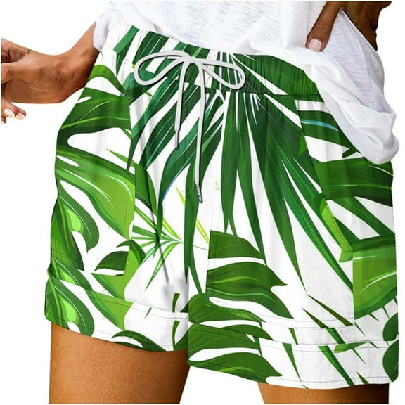 Olyvenn Vacation Beach Shorts for Women Drawstring Elastic Waist Tropical Print Shorts with Pockets Summer Casual Clothes Multicolor L