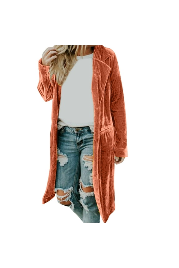 Velvet Long Sleeve One Button Long Cardigan Jacket Women Solid Color Casual Pocket Windbreaker Blouse Buckle Coat Female Outerwear Brown M
