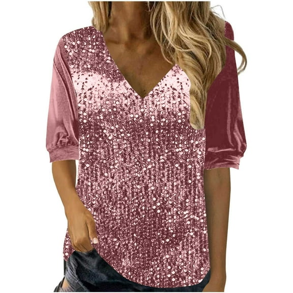 Olyvenn Velvet Sparkly Tops for Women Plus Size Sparkly Sequin Shirt Short Sleeve Glitter Concert Party Disco Shirt Blouse Pink L