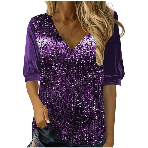 Olyvenn Velvet Sparkly Tops for Women Plus Size Sparkly Sequin Shirt Short Sleeve Glitter Concert Party Disco Shirt Blouse Purple XXL