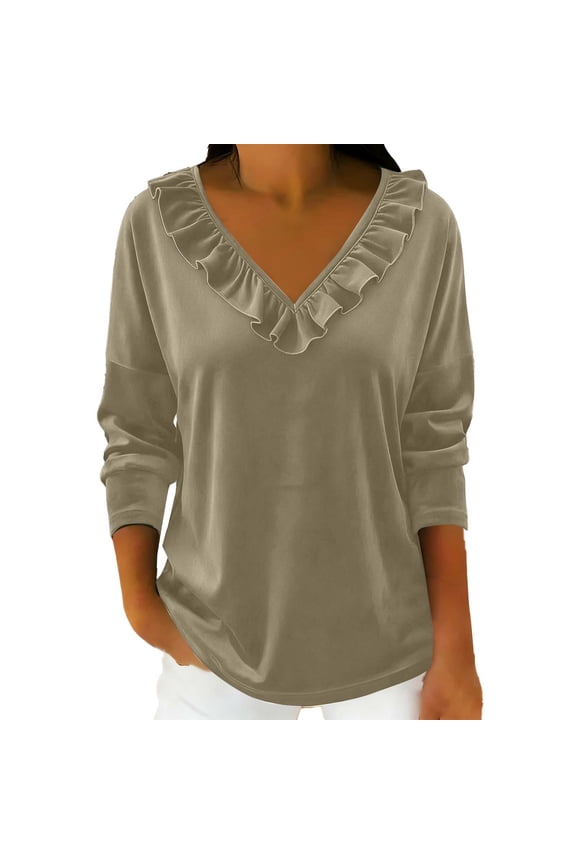 Velvet Tops for Women Dressy Casual V Neck with Ruffled Trim Shirts Loose Fit Long Sleeve Vintage Velour Blouse Khaki XL