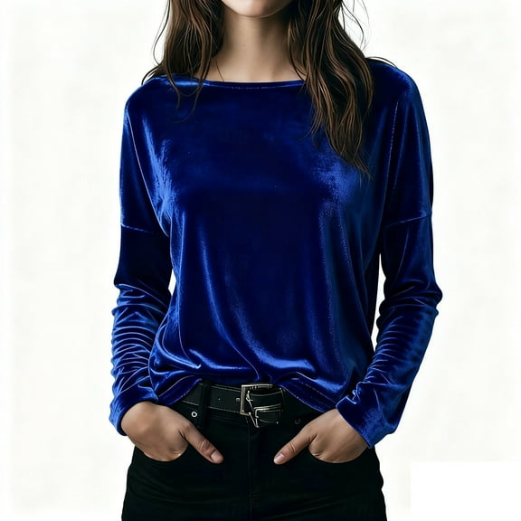 Olyvenn Velvet Tops for Women Long Sleeve Crew Neck Tshirts Casual Loose Fit Tunic Blouses Elegant Party Dressy Outfits Blue L