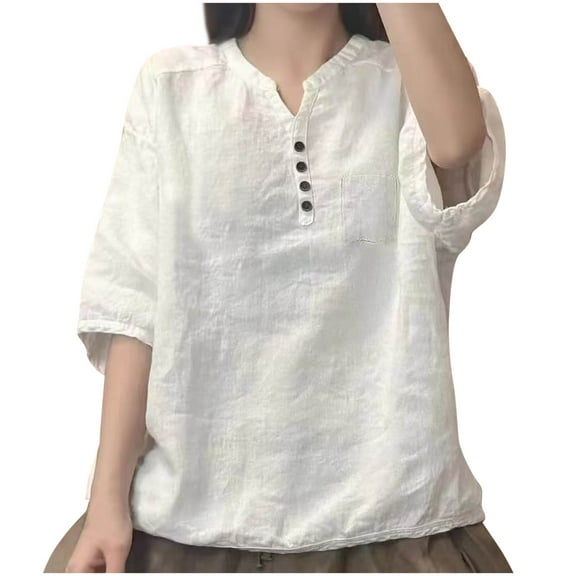 Olyvenn Vintage Tunic Top for Women Short Sleeve Button Up Henley Shirts Plus Size Solid Color Blouse 2025 Fashion Outfits White XXL