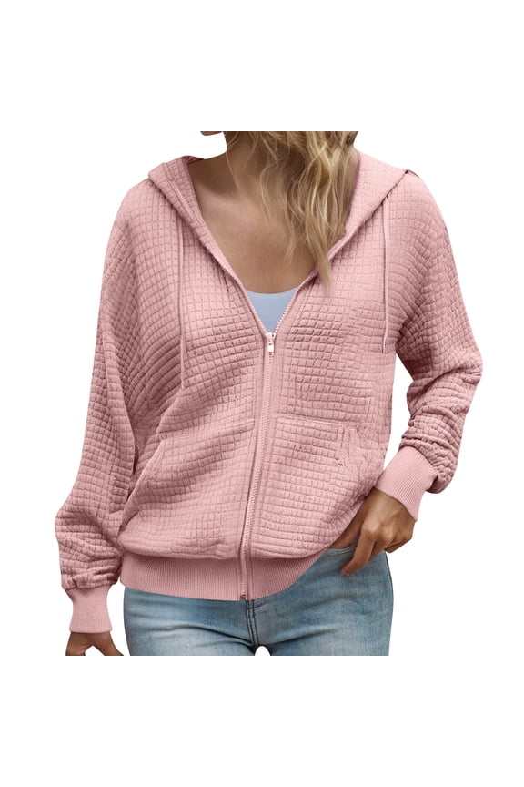 Waffle Zip Up Hoodie for Women Loose Sweatshirt Jacket Long Sleeve Casual Fall Outfits Fashion Hoodies with Pockets Pink M