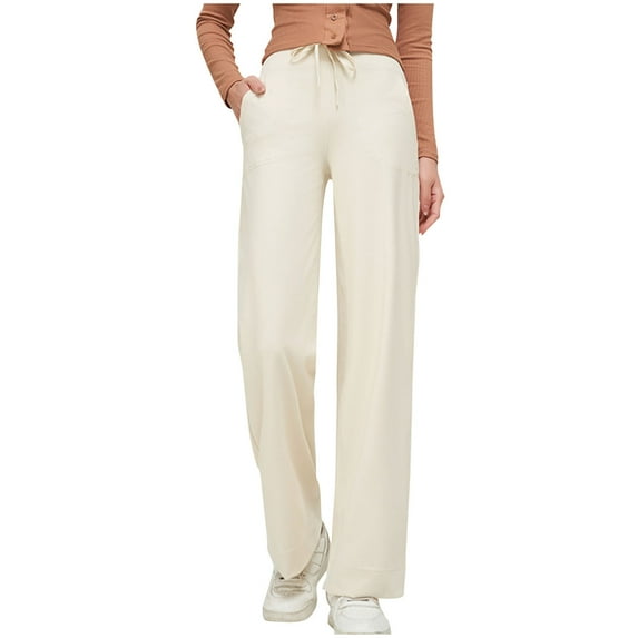 Olyvenn Wide Leg Pants for Women Yoga Pants Drawstring High Waist Sweatpants with Pockets Stretch Lounge Pants Comfy Workout Beige 4