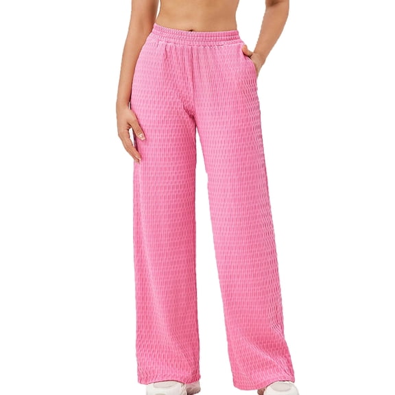 Olyvenn Wide Leg Patterned Yoga Pants with Pockets for Women High Waisted Athletic Straight Leg Pants Checkered Women Hot Pink XXL