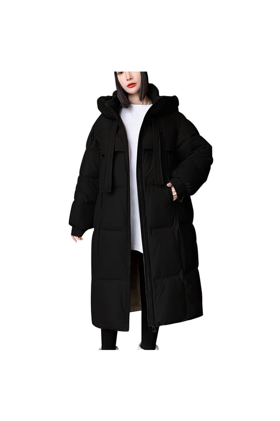 Winter Coat Women Fashion Thicken Warm Down Coat Quilted Puffer Jackets Mid Long Parka Hooded Anorak Overcoat Outwear Black XXL
