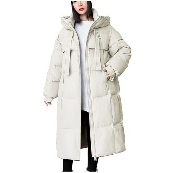 Olyvenn Winter Coat Women Fashion Thicken Warm Down Coat Quilted Puffer Jackets Mid Long Parka Hooded Anorak Overcoat Outwear White M