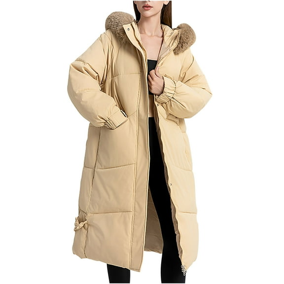 Olyvenn Winter Coats for Women 2025 Long Down Puffer Parka Jacket Winter Down Hooded Long Quilted Puffer Ladies Outerwear Khaki XL