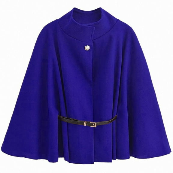 Olyvenn Winter Coats for Women Elegant Stand Collar Wool Blend Batwing Poncho Cape Jacket Outerwear with Belt Dark Blue L